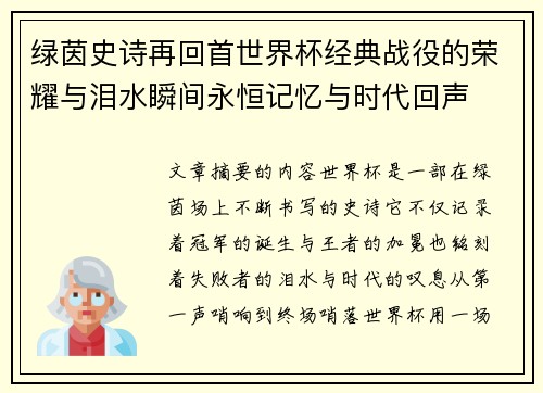 绿茵史诗再回首世界杯经典战役的荣耀与泪水瞬间永恒记忆与时代回声
